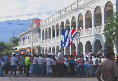 Gathering in front of a government building.