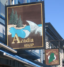 Acadia shop & Maine Crafts signs.