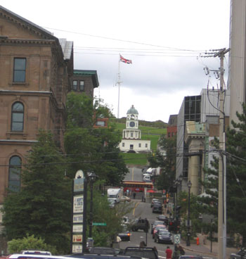 Looking up a street toward The Citadel and the domes.
